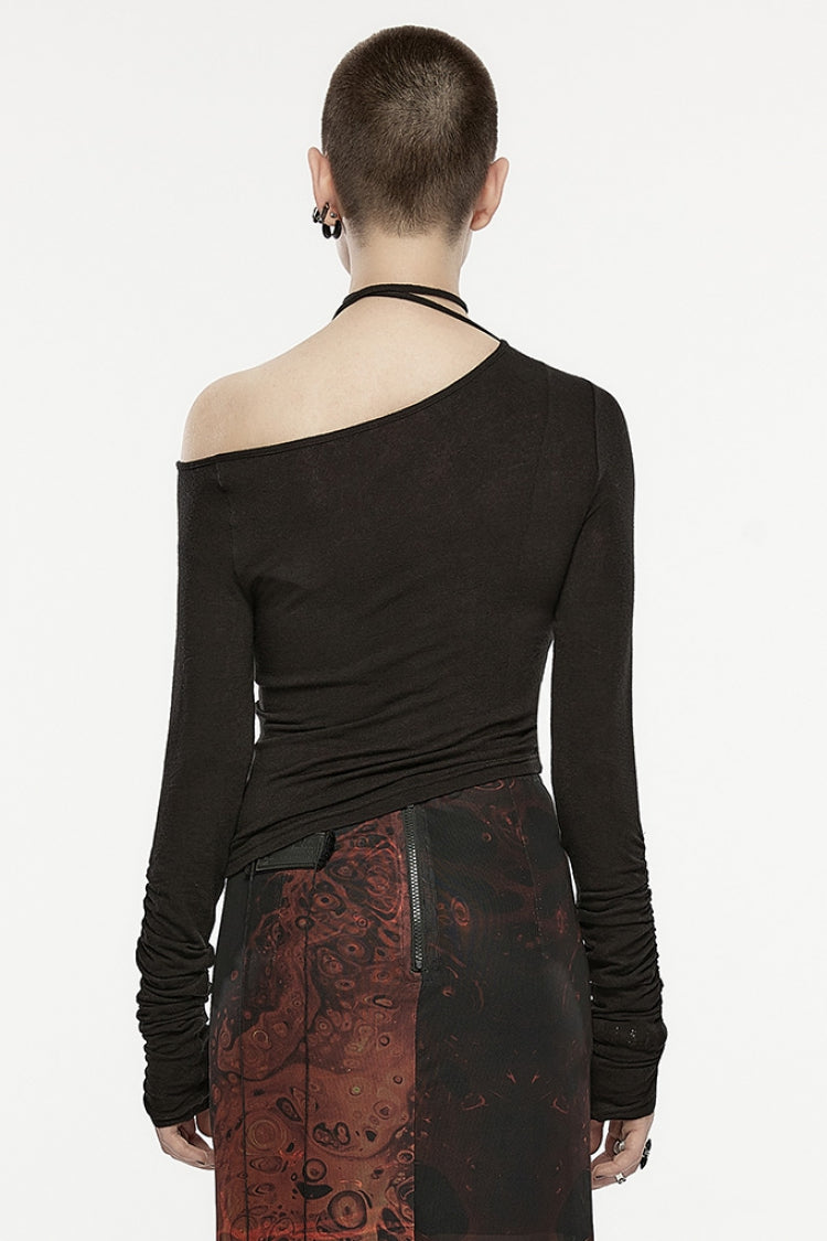 Black Slash Shoulder Long Sleeves Asymmetric Women's Gothic T-Shirt
