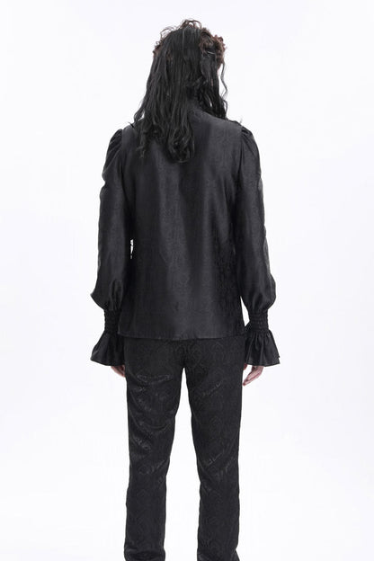 Black Stand Collar Long Sleeves Ruffle Lace Cross Men's Gothic Blouse