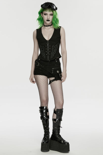 Black V Collar Sleeveless Embossed Printed Studded Zippered Women's Punk Vest