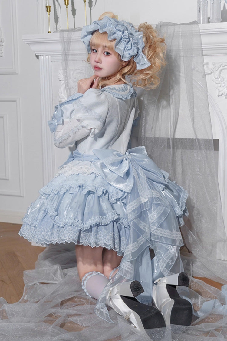 Blue [Whale] Lapel Collar Short Sleeves Triple-Layered Ruffle Embroidery Sweet Lolita Dress