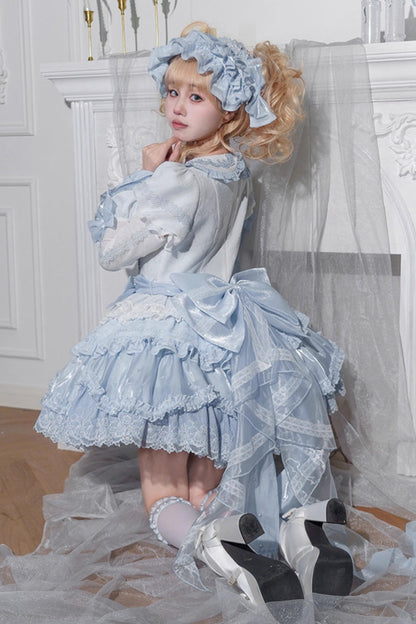Blue [Whale] Lapel Collar Short Sleeves Triple-Layered Ruffle Embroidery Sweet Lolita Dress