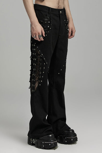 Black Stitching Lace-Up Mesh Men's Gothic Flared Pants