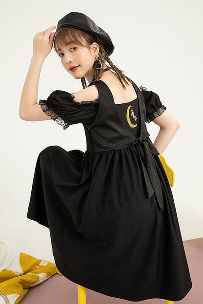 Black Puff Short Sleeve High Waisted Two Ways To Wear Before And After Sweet Lolita Dress
