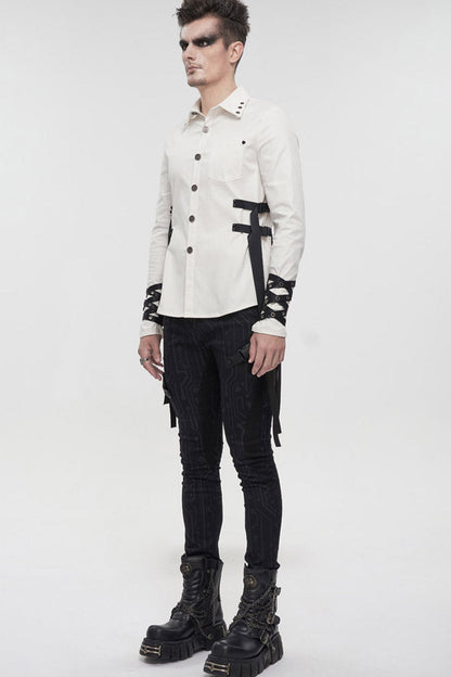White Punk Nylon Strap Metal Buckle Decoration Long Sleeve Elasticity Thick Men's Shirt