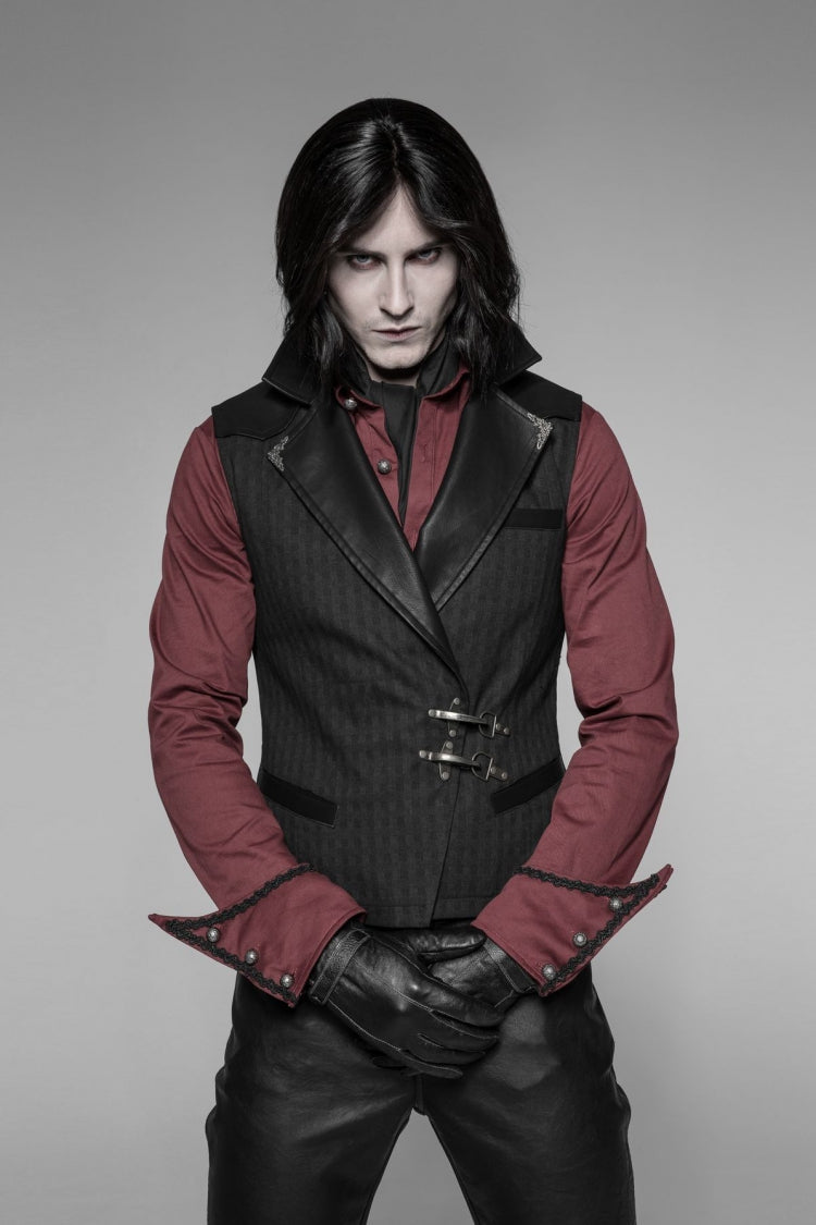 Black V Collar Sleeveless Metal Buckle Mens Steampunk Crossover Formal Vest