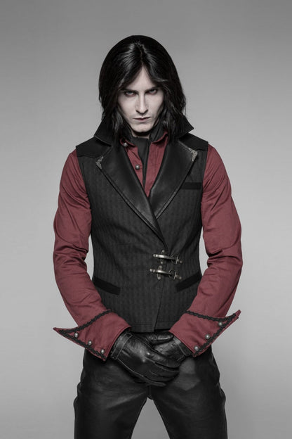 Black V Collar Sleeveless Metal Buckle Mens Steampunk Crossover Formal Vest