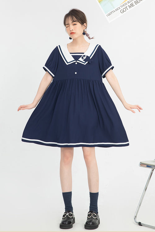 Blue Vintage Navy Collar College Style Short Sleeves High Waisted Sweet Lolita Dress