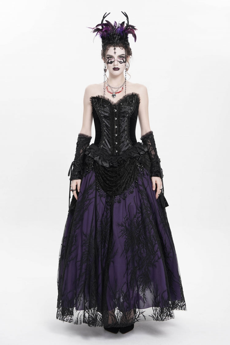Black Sleeveless Beaded Lace Lace-Up Women's Gothic Overbust Corset