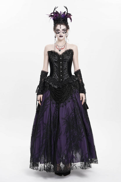Black Sleeveless Beaded Lace Lace-Up Women's Gothic Overbust Corset