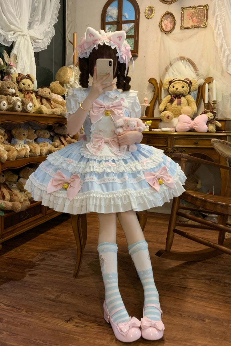 Blue [Meowling Sweet Maid] Sleeveless Multi-Layered Ruffle Bowknot Lace Sweet Princess Lolita Jsk Dress