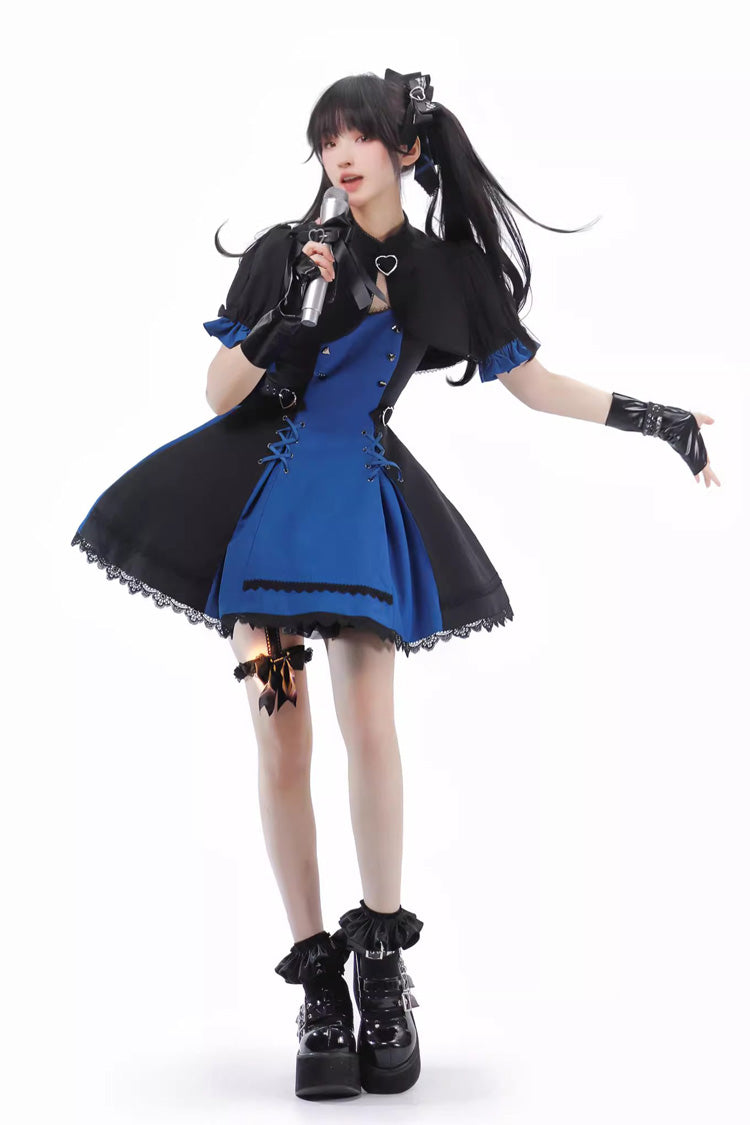 Black/Blue [Night Liana] Ruffle Bowknot Lace-Up Sweet Japanese Lolita Jumper Dress Set