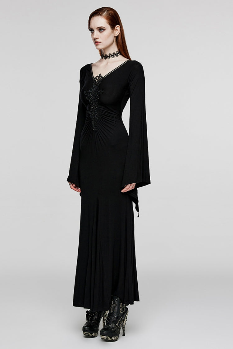 Black V Collar Long Sleeves Floral Embroidery Women's Gothic Dress
