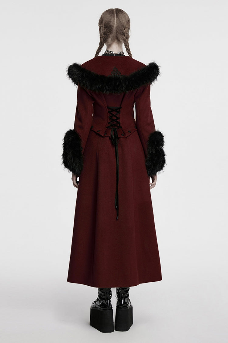Red Long Sleeves Faux Fur Stitching Lace-Up Detachable Women's Gothic Coat