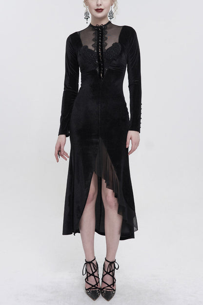 Black Small Stand Collar Cashew Paisley Lace On Chest Mesh Paneled Asymmetrical Hem Long Sleeve Women's Gothic Dress