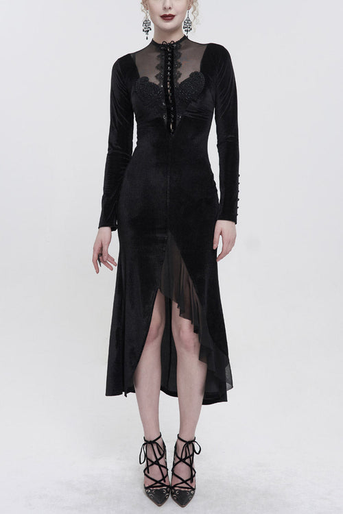Black Small Stand Collar Cashew Paisley Lace On Chest Mesh Paneled Asymmetrical Hem Long Sleeve Women's Gothic Dress