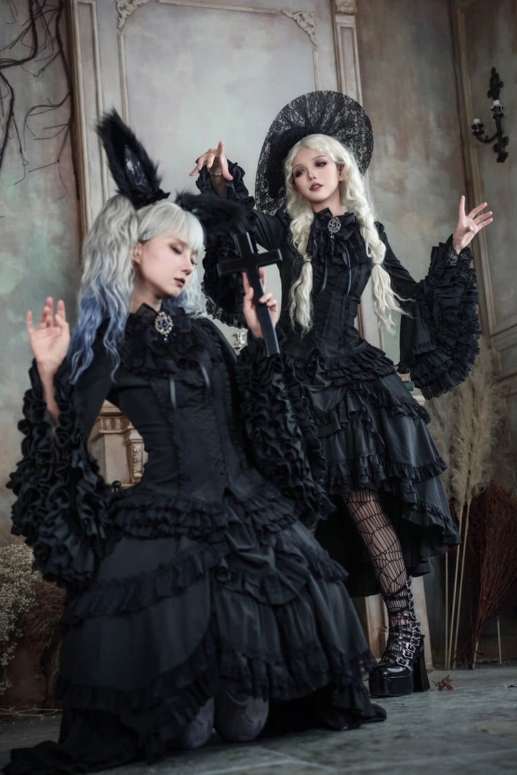 Black [Immortal Phoenix] Long Hime Sleeves Multi-Layered Ruffled Bow Lace-Up Gothic Lolita Skirt Dress Set