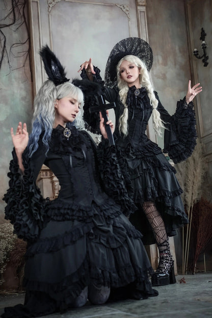 Black [Immortal Phoenix] Long Hime Sleeves Multi-Layered Ruffled Bow Lace-Up Gothic Lolita Skirt Dress Set