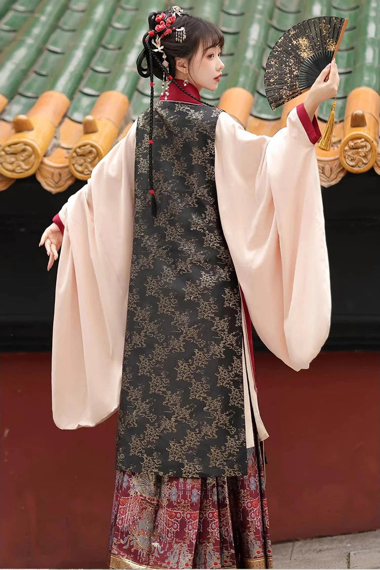 Black/Red Round Collar High Waisted Hot Stamping Embroidery Chinese Style Hanfu Dress Three Piece