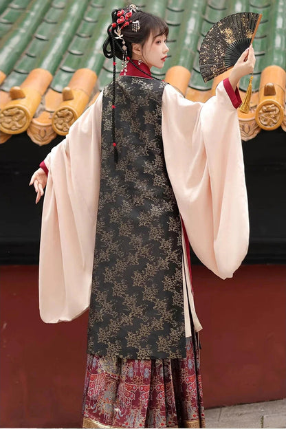 Black/Red Round Collar High Waisted Hot Stamping Embroidery Chinese Style Hanfu Dress Three Piece