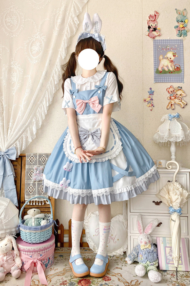 Blue [Picnic Rabbit] Ruffle Bowknot Lace Daily Sweet Lolita Jsk Dress Set