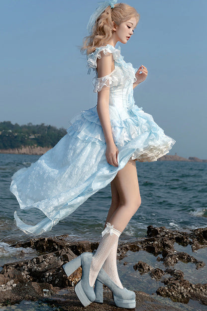 Blue [Summer of Bubbles] Sleeveless Ruffle Embroidery Lace Irregular Train Sweet Lolita Jsk Dress