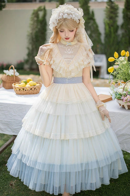 Blue [Sincere Vow] Edwardian Collar Short Sleeves Ombre Multi-Layered Ruffled Embroidered Sweet Lolita Dress