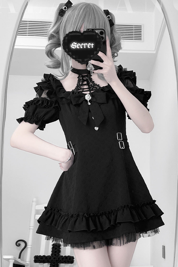 Black/White Halterneck Short Sleeves Ruffle Bowknot Lace Jirai Kei Japanese Dress 2 Colors
