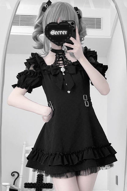 Black/White Halterneck Short Sleeves Ruffle Bowknot Lace Jirai Kei Japanese Dress 2 Colors