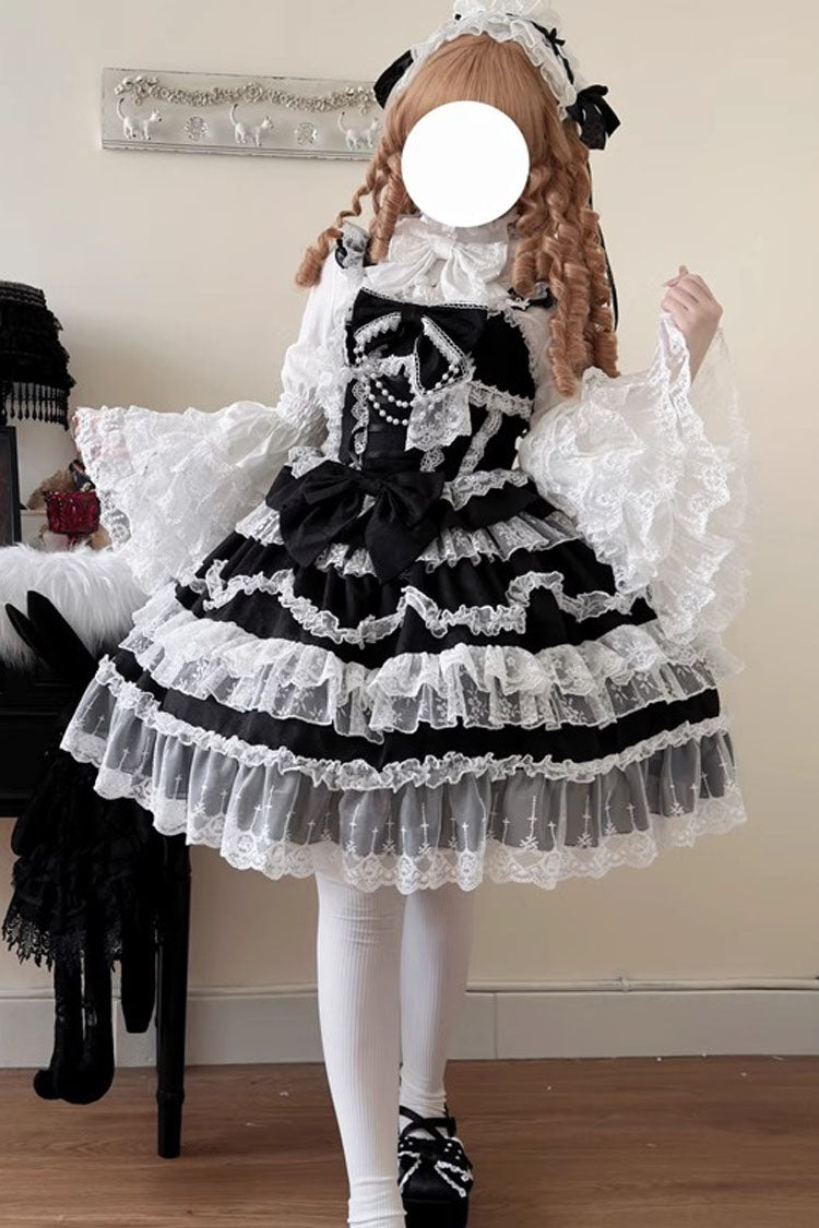 Black [Love and Heart Flutter] Sleeveless Multi-Layered Ruffle Bowknot Lace Pearl Sweet Lolita Jsk Dress