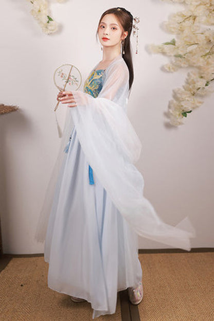 Blue Chinese Style Song Dynasty Fairy Long Embroidered Sweet Hanfu Dress Full Set