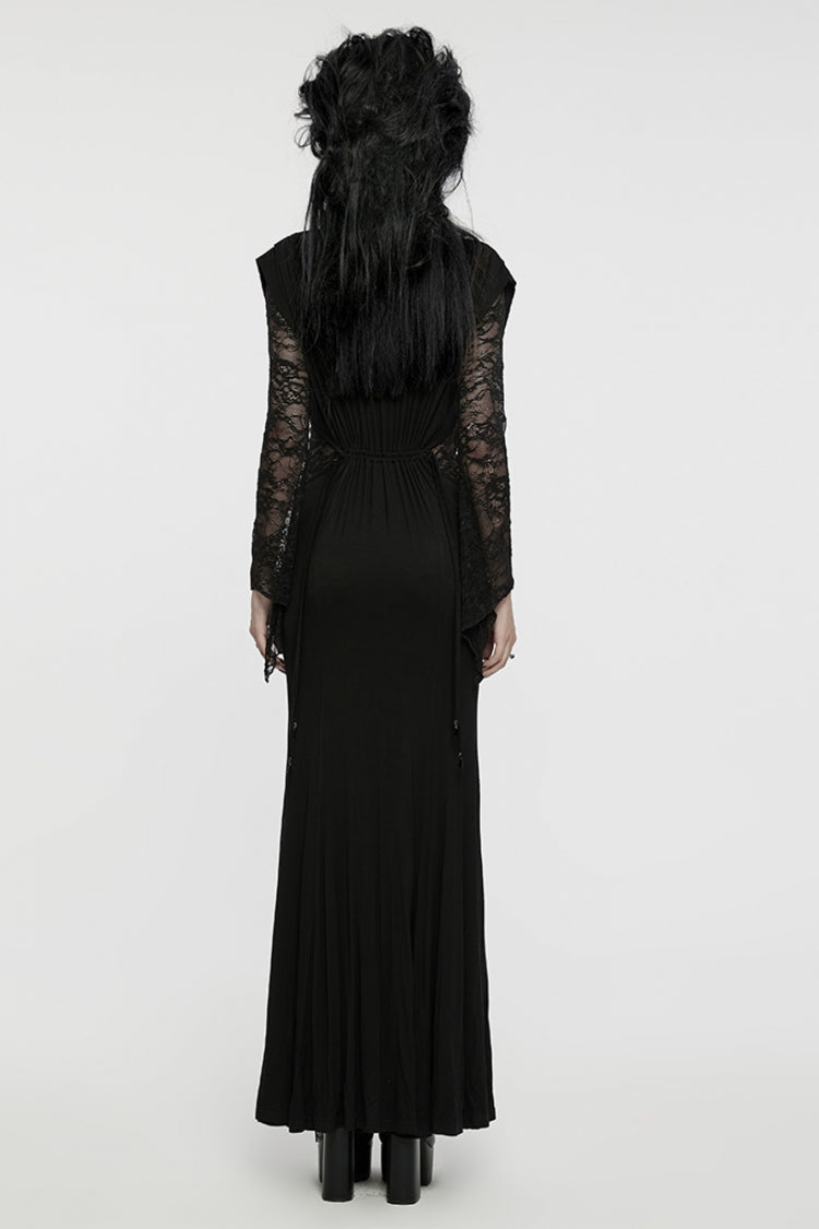 Black V Collar Long Sleeves Stitching Lace Women's Gothic Drawstring Honeymoon Dress