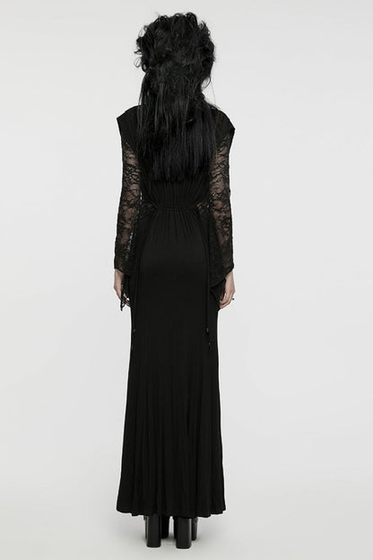 Black V Collar Long Sleeves Stitching Lace Women's Gothic Drawstring Honeymoon Dress