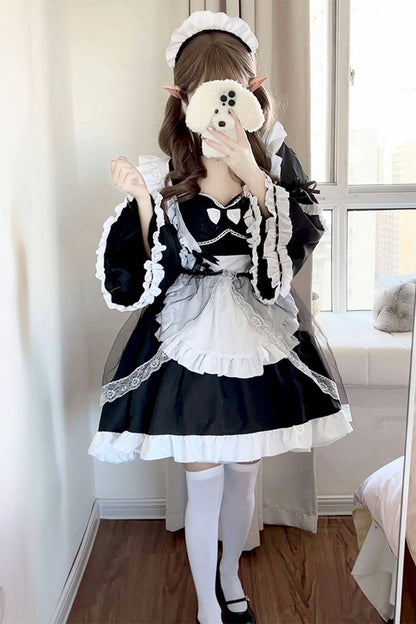 Black/White Maid Long Hime Sleeves Ruffle Bowknot Sweet Plus Size Lolita Dress Full Set