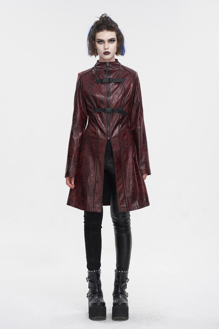 Red Double Buckle Faux Leather Long Women's Punk Coat