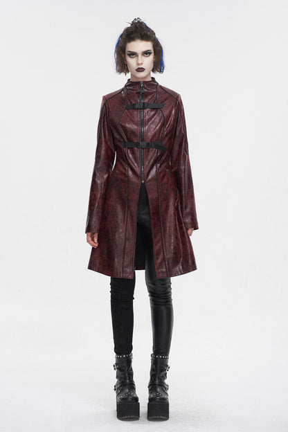 Red Double Buckle Faux Leather Long Women's Punk Coat