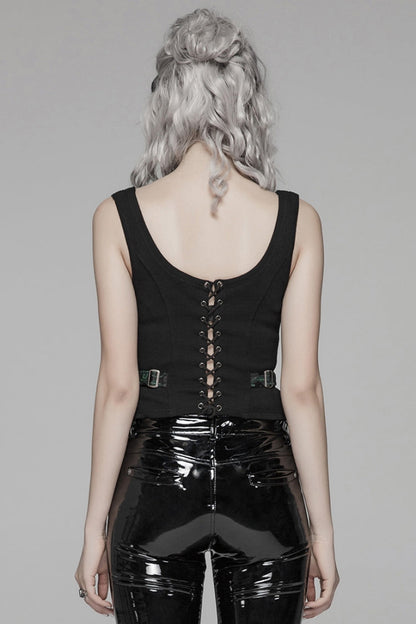 Steampunk Sleeveless Jacquard Print Metal Buckle Strap Metal Zipper Hollow Lace-Up Women's Vest 4 Colors