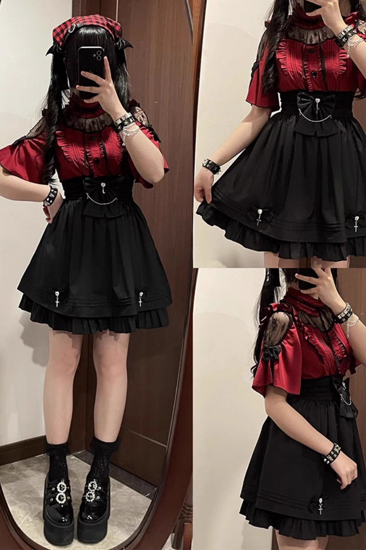 Magical Girl Short Sleeves Ruffle Embroidery Bowknot Lace Sweet Jirai Kei Lolita Set 4 Colors