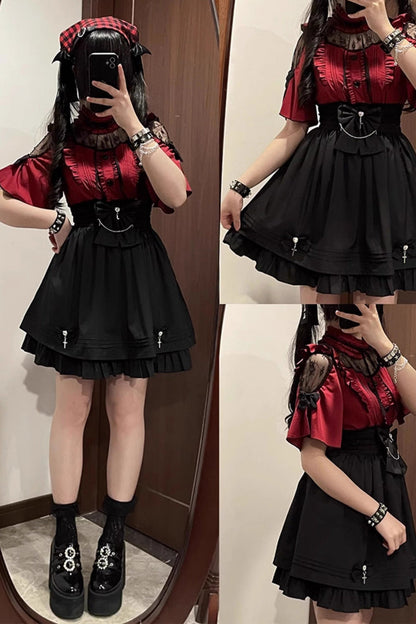 Magical Girl Short Sleeves Ruffle Embroidery Bowknot Lace Sweet Jirai Kei Lolita Set 4 Colors