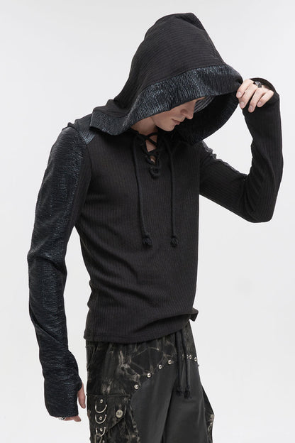 Black Trendy Dark Tether V-Neck Panel Knit Hooded Men's Punk T-Shirt
