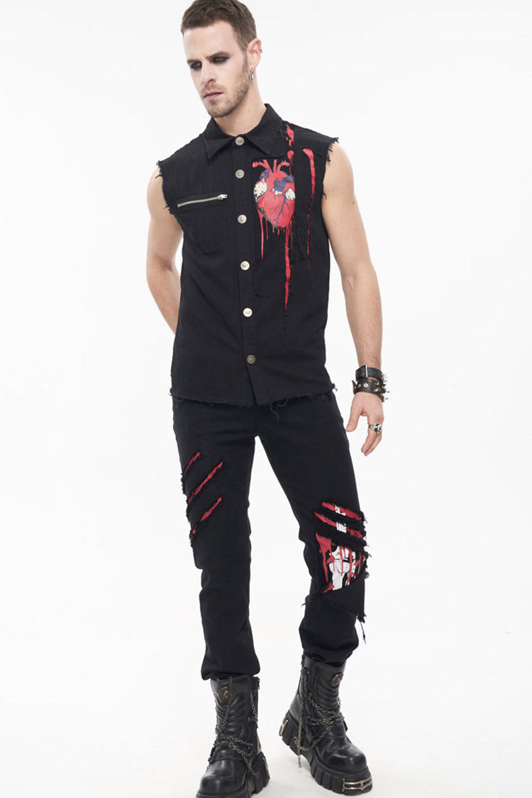 Black Punk Simple Everyday Stand Collar Print Sleeveless Men's Shirt