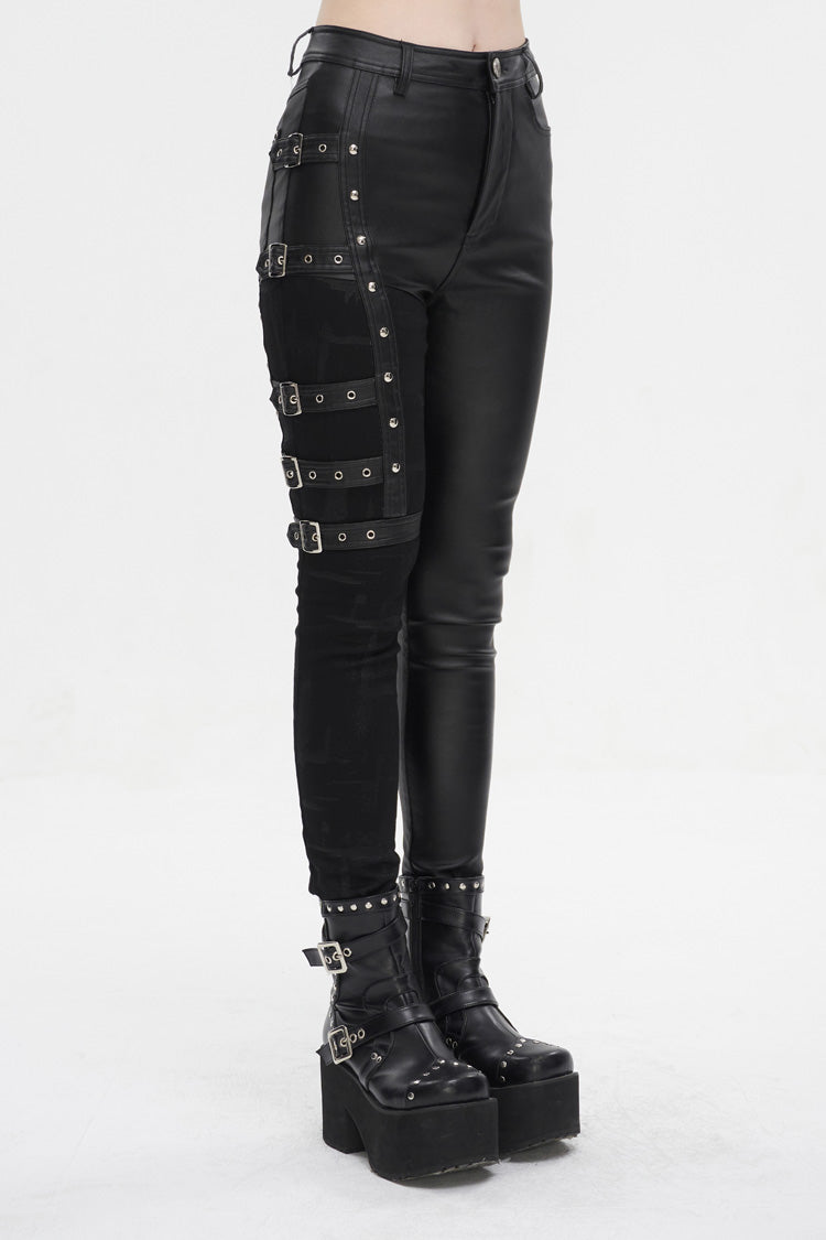 Black Tight Leather Multi Buckle Splice Women's Punk Pants