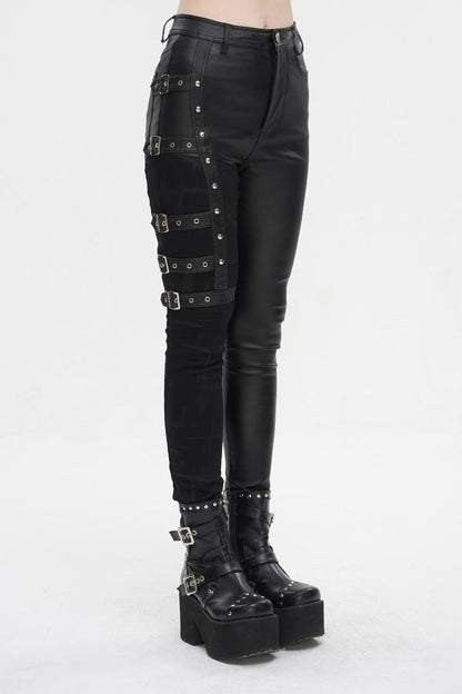 Black Tight Leather Multi Buckle Splice Women's Punk Pants