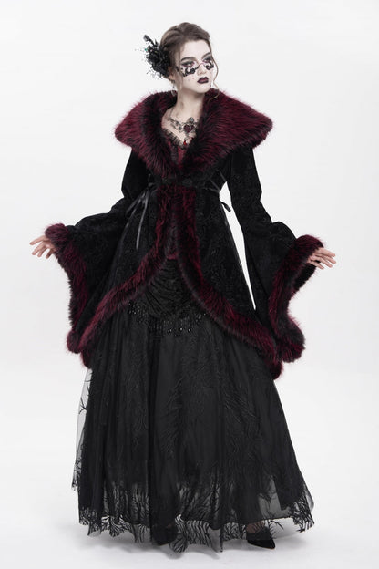 Red Long Sleeves Floral Embroidery Women's Gothic Fluffy Coat