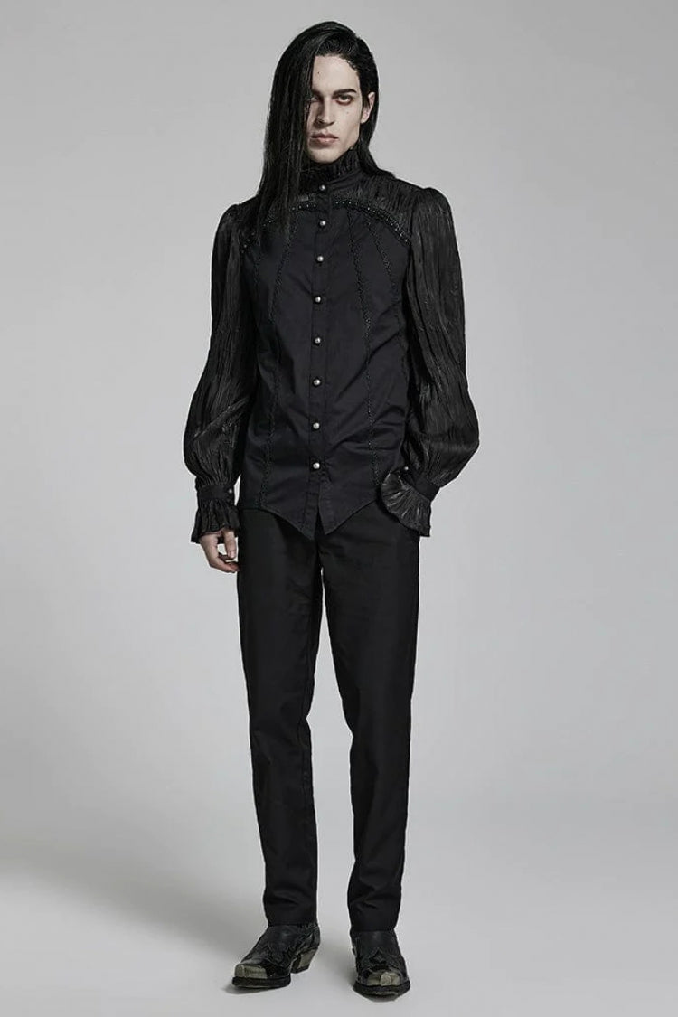 Black Stand Collar Ruched Stitching Lace Mens Gothic Blouse with Scarf
