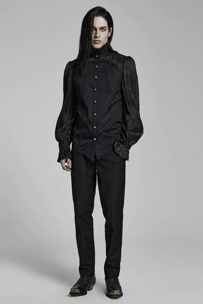 Black Stand Collar Ruched Stitching Lace Mens Gothic Blouse with Scarf