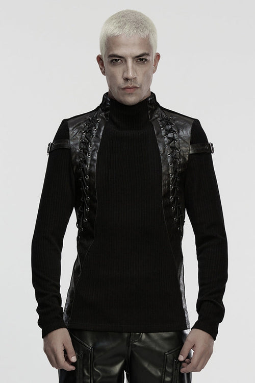 Black Stand Collar Long Sleeves Spliced Buckled Strappy Men's Punk Top