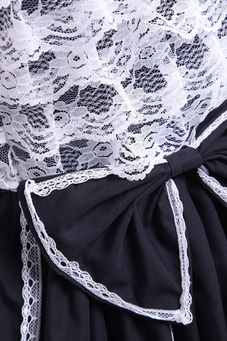 Black/White Cotton Square Collar Lace Trim Gothic Lolita Dress