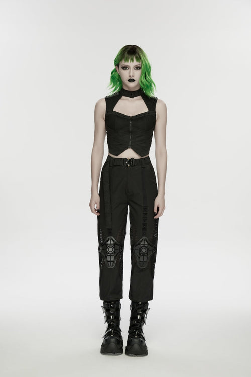 Black Women's Punk Handsome Buckle-up Studded Mesh Cargo Pants
