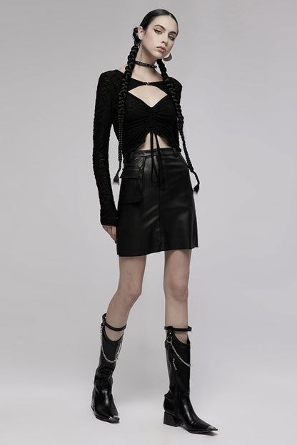 Black V Collar Long Sleeves Hollow Slim Women's Punk Blouse