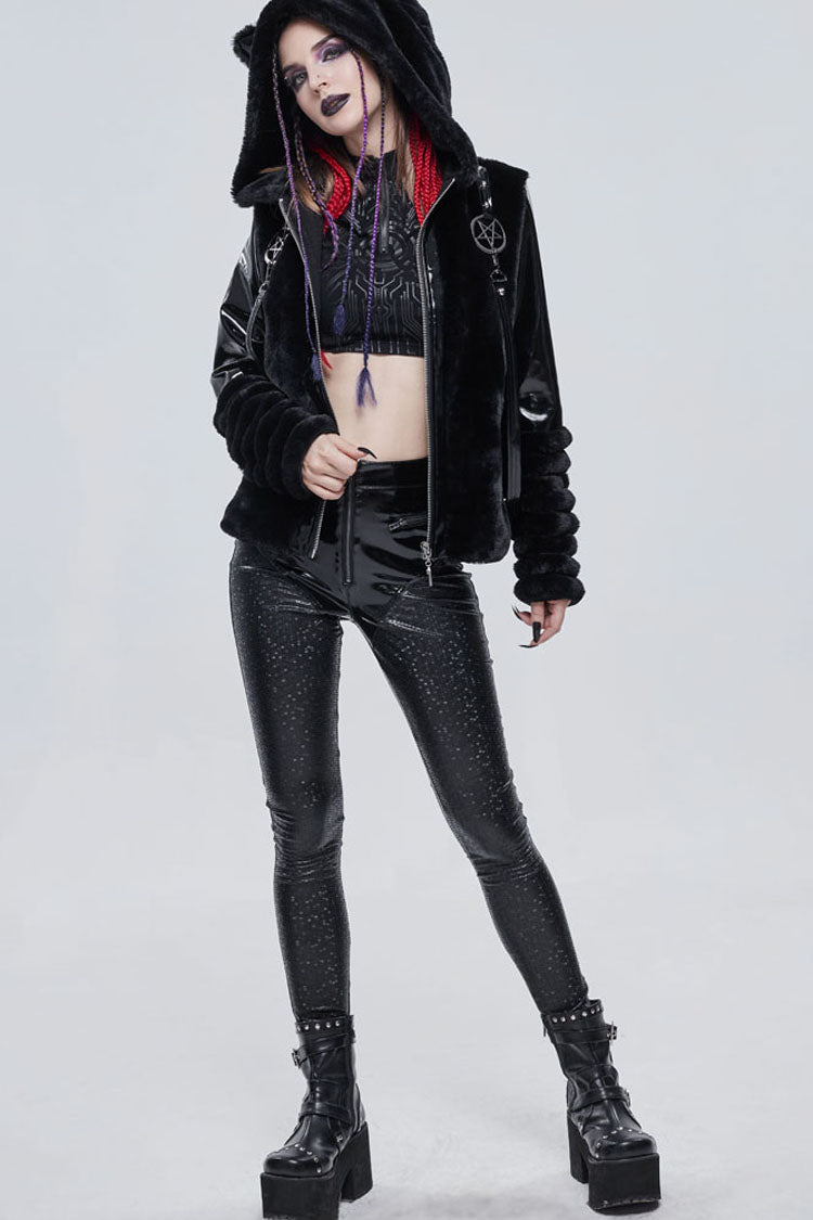 Black Punk Cuff Pleated Design Metal Five-Pointed Star Shape Belt Decoration Cat Ear Women's Coat